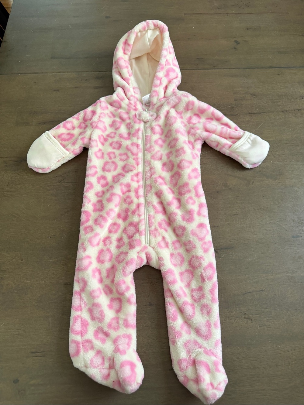 Cozy Pink Leopard Fleece One-Piece with Hood 6-9M